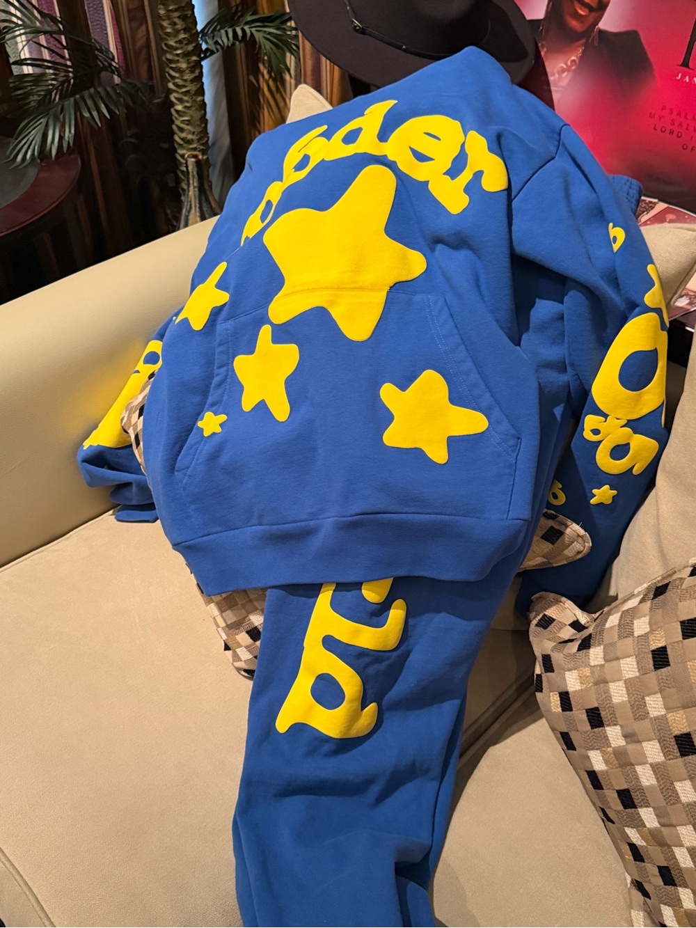 Sp5der Beluga Blue and Yellow Sweatpants and Joggers Set